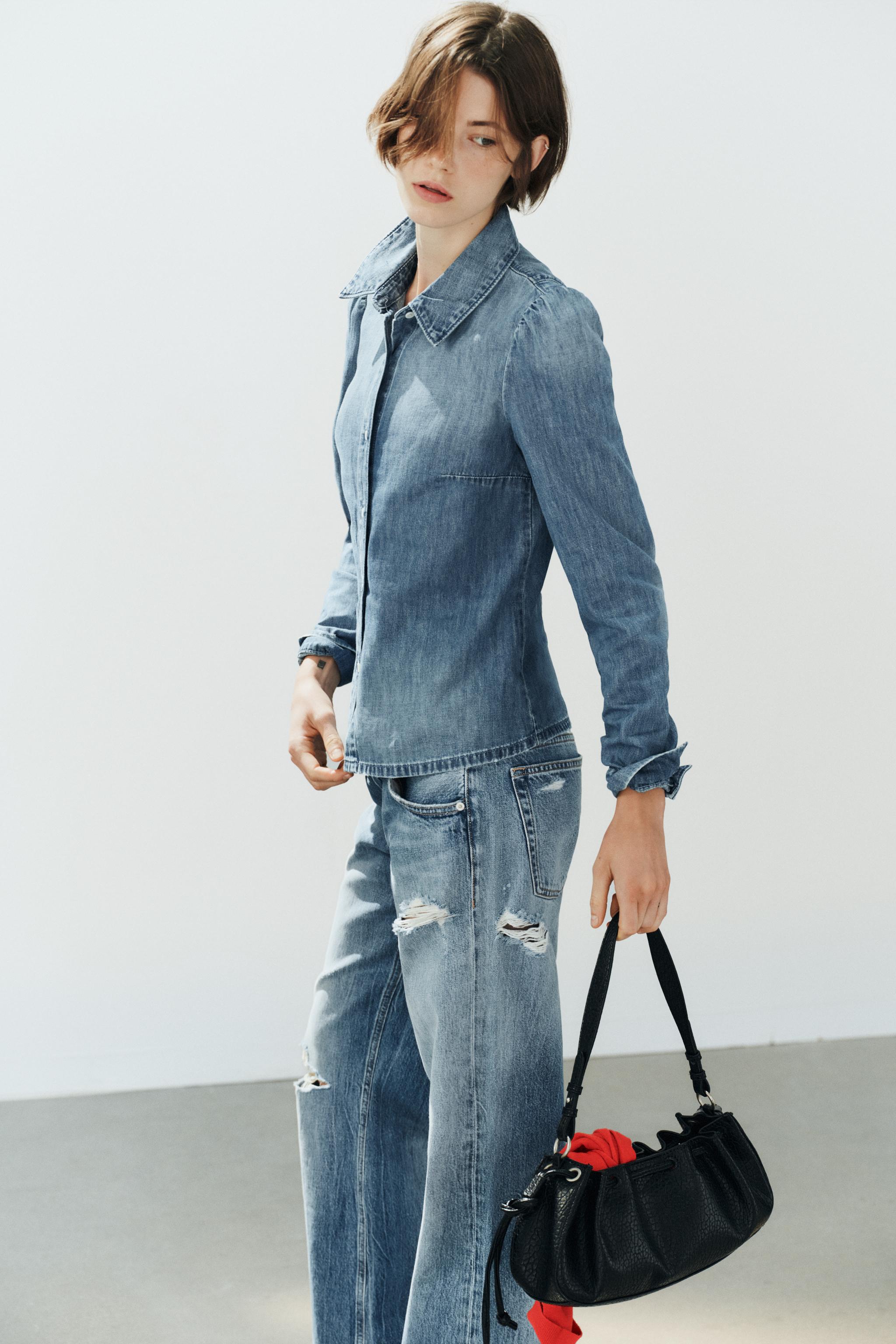 TRF GATHERED SHOULDER DENIM SHIRT